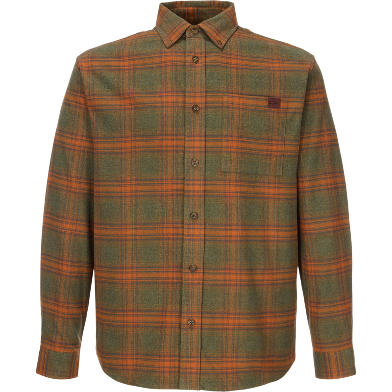 Autumn Flannel Shirt with orange-green plaid, button-front, point collar, single chest pocket, sculpted hem; ideal for outdoor activities.