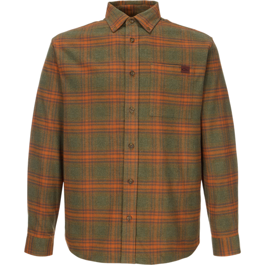 Autumn Flannel Shirt with orange-green plaid, button-front, point collar, single chest pocket, sculpted hem; ideal for outdoor activities.