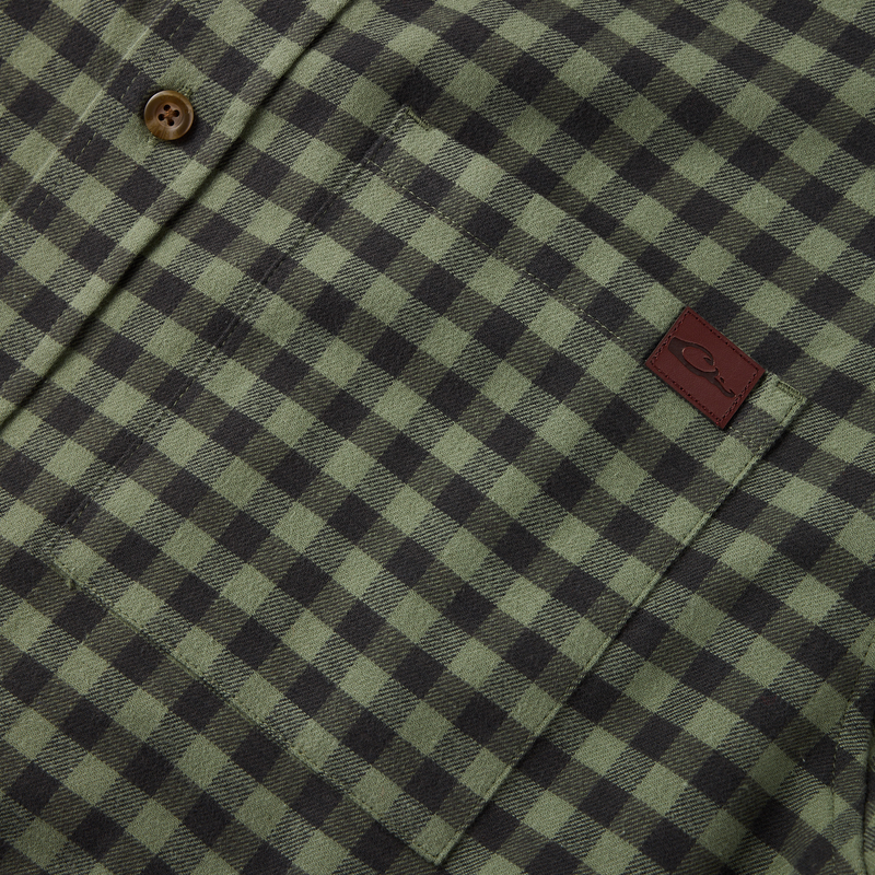 Drake Autumn Flannel Shirt, featuring a green-and-black checkered pattern with a button-down collar, chest pocket with logo, and soft brushed cotton twill fabric.