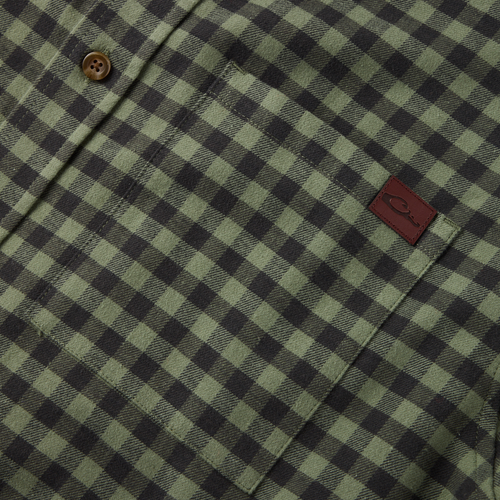 Drake Autumn Flannel Shirt, featuring a green-and-black checkered pattern with a button-down collar, chest pocket with logo, and soft brushed cotton twill fabric.