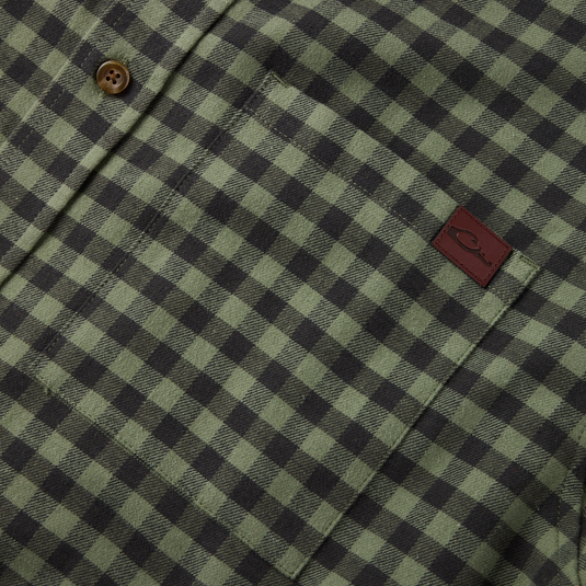 Drake Autumn Flannel Shirt, featuring a green-and-black checkered pattern with a button-down collar, chest pocket with logo, and soft brushed cotton twill fabric.