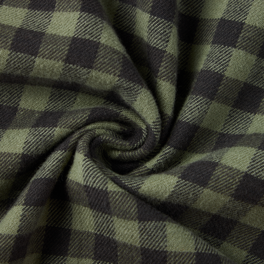 Autumn Flannel Shirt with olive-green and charcoal-black plaid pattern, featuring a soft, brushed-wool texture, ideal for outdoor enthusiasts seeking comfort and style.