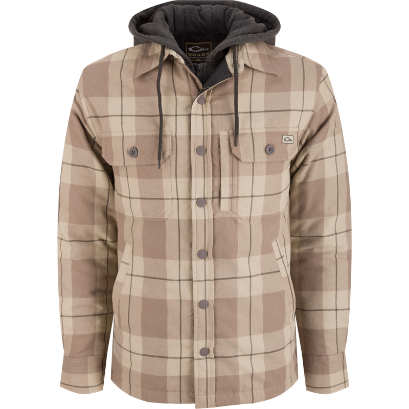 The Campfire Flannel Hoodie features a hood, snap buttons, chest pocket, and quilted insulation, blending workwear style with warmth for autumn comfort.