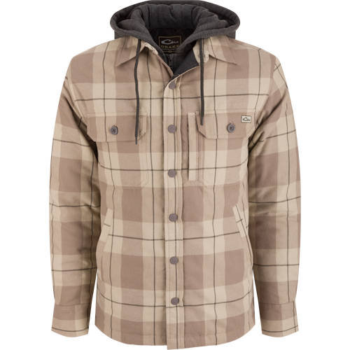 The Campfire Flannel Hoodie features a hood, snap buttons, chest pocket, and quilted insulation, blending workwear style with warmth for autumn comfort.