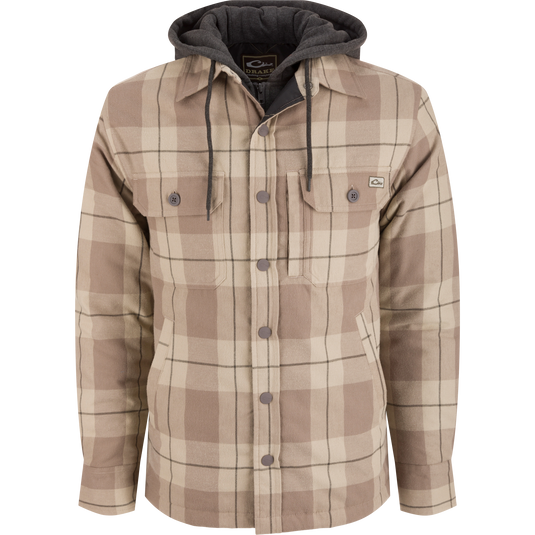 The Campfire Flannel Hoodie features a hood, snap buttons, chest pocket, and quilted insulation, blending workwear style with warmth for autumn comfort.