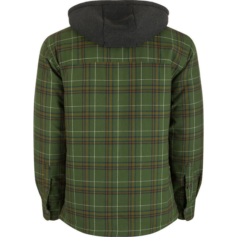 The Campfire Flannel Hoodie features a green plaid design, black hood, button closures, and pockets, ideal for warmth and versatility in outdoor settings.