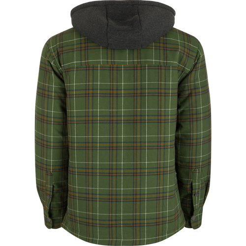 The Campfire Flannel Hoodie features a green plaid design, black hood, button closures, and pockets, ideal for warmth and versatility in outdoor settings.