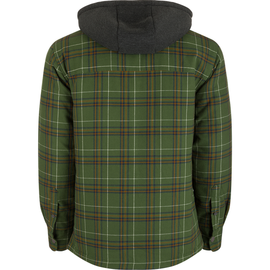 The Campfire Flannel Hoodie features a green plaid design, black hood, button closures, and pockets, ideal for warmth and versatility in outdoor settings.