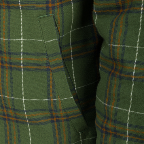 The Campfire Flannel Hoodie features green plaid fabric, adjustable hood, button snap closure, and multiple pockets for versatile warmth and style.