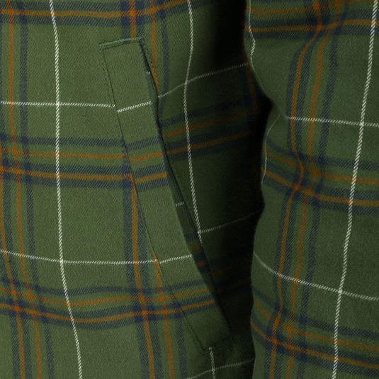 The Campfire Flannel Hoodie features green plaid fabric, adjustable hood, button snap closure, and multiple pockets for versatile warmth and style.