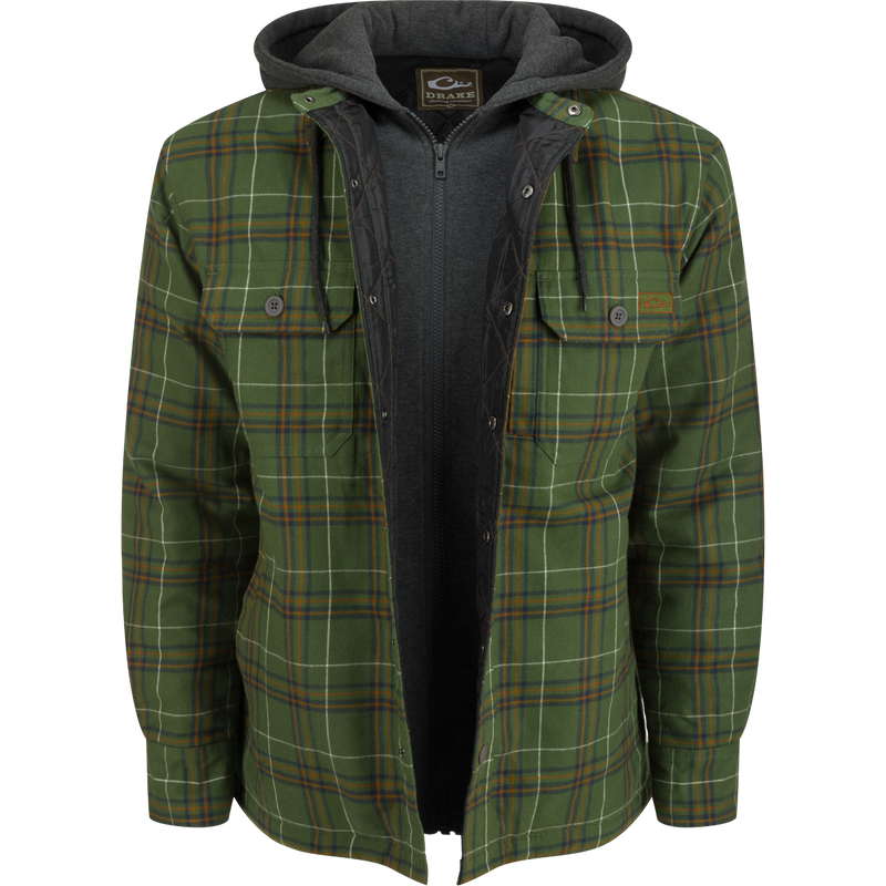 The Campfire Flannel Hoodie with a plaid pattern, featuring a zipper, drawstring hood, and button snap closure, ideal for warmth and style in cool weather.