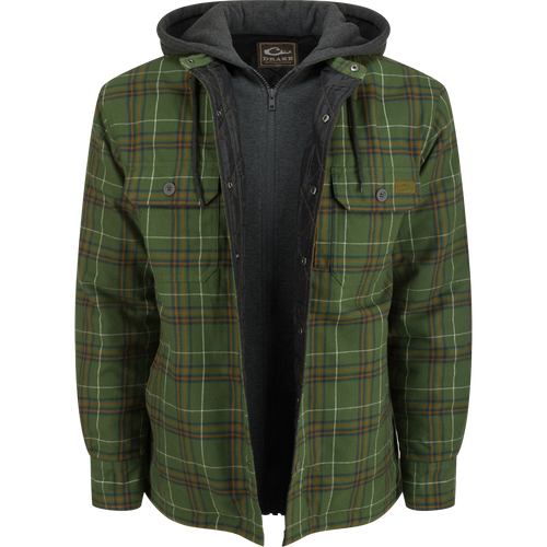 The Campfire Flannel Hoodie with a plaid pattern, featuring a zipper, drawstring hood, and button snap closure, ideal for warmth and style in cool weather.