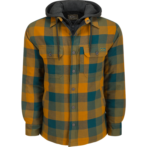Alt text: The Campfire Flannel Hoodie with adjustable hood, button snap closure, and multiple pockets, designed for warmth and versatility in outdoor settings.