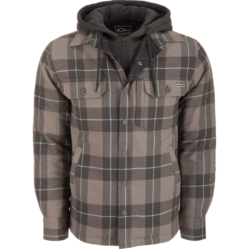 The Campfire Flannel Hoodie features a drawstring hood, button snap closure, and multiple pockets, designed for versatile warmth and style in cooler seasons.
