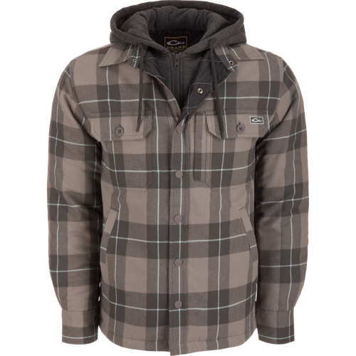 The Campfire Flannel Hoodie features a drawstring hood, button snap closure, and multiple pockets, designed for versatile warmth and style in cooler seasons.