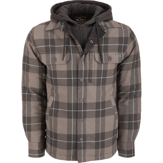 The Campfire Flannel Hoodie features a drawstring hood, button snap closure, and multiple pockets, designed for versatile warmth and style in cooler seasons.