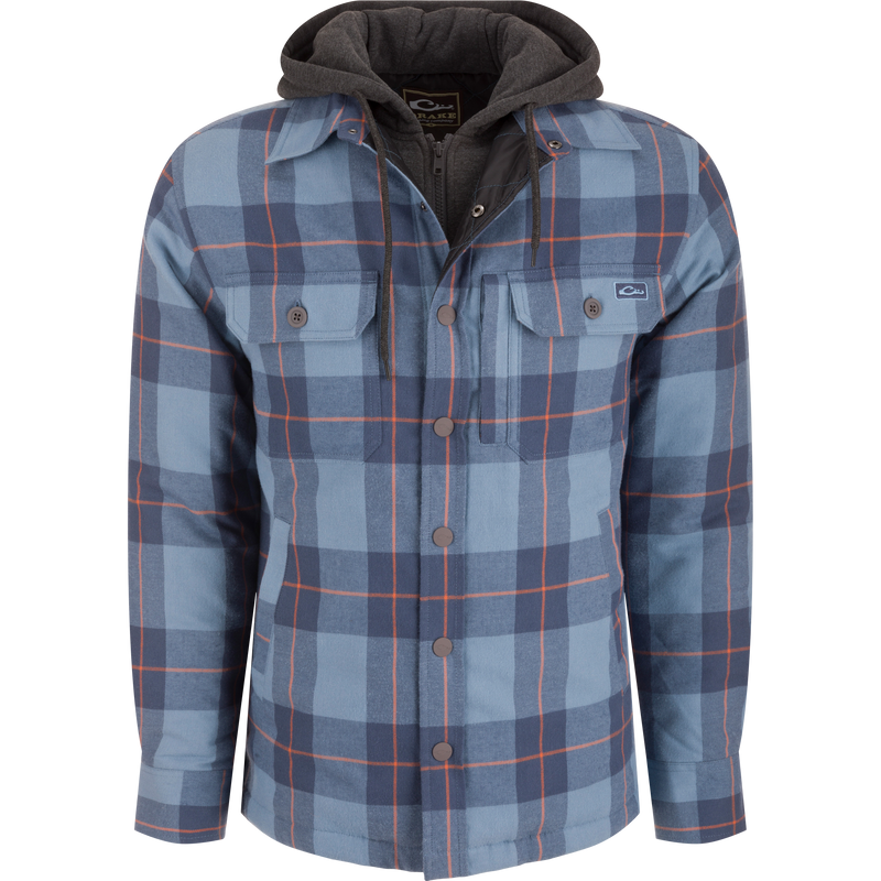 The Campfire Flannel Hoodie, featuring a button snap closure and adjustable hood, offers warmth and comfort, ideal for autumn outdoor activities.