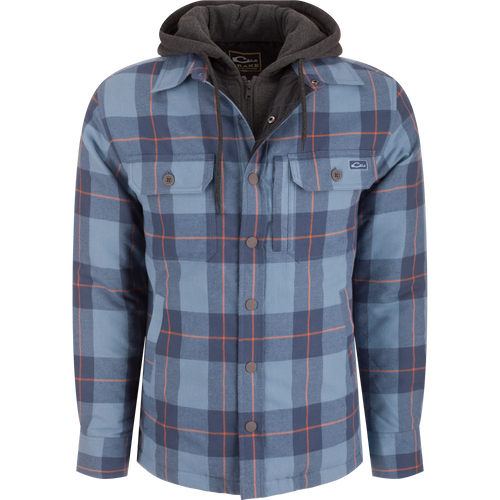The Campfire Flannel Hoodie, featuring a button snap closure and adjustable hood, offers warmth and comfort, ideal for autumn outdoor activities.