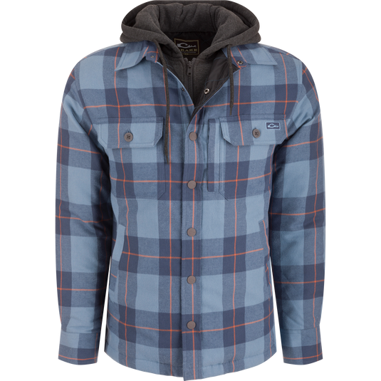 The Campfire Flannel Hoodie, featuring a button snap closure and adjustable hood, offers warmth and comfort, ideal for autumn outdoor activities.