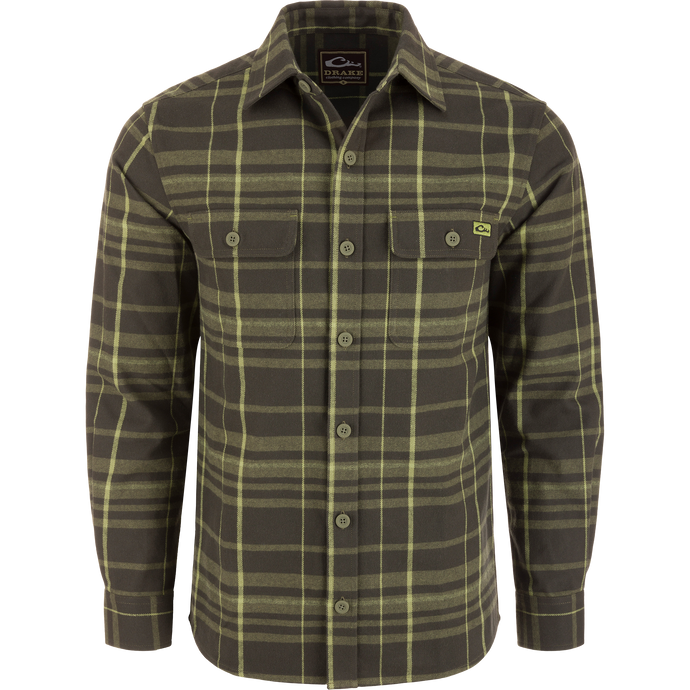 Legacy Flannel Plaid Shirt in olive tones on mannequin, featuring button-up design, point collar, and two front chest flap pockets, embodying Drake's heritage craftsmanship.