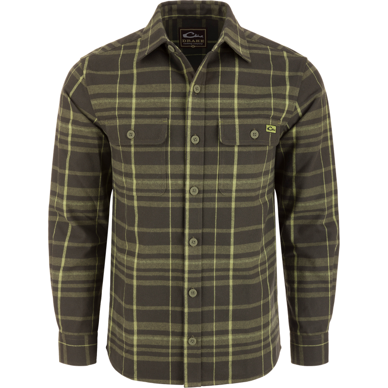 Legacy Flannel Plaid Shirt in olive tones on mannequin, featuring button-up design, point collar, and two front chest flap pockets, embodying Drake's heritage craftsmanship.