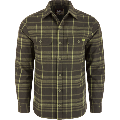 Legacy Flannel Plaid Shirt in olive tones on mannequin, featuring button-up design, point collar, and two front chest flap pockets, embodying Drake's heritage craftsmanship.