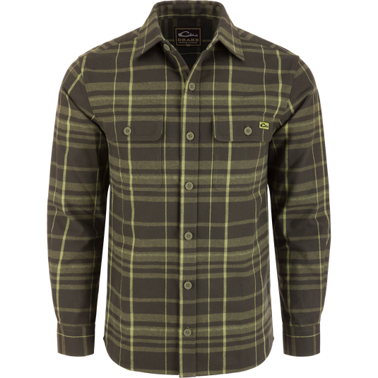 Legacy Flannel Plaid Shirt in olive tones on mannequin, featuring button-up design, point collar, and two front chest flap pockets, embodying Drake's heritage craftsmanship.