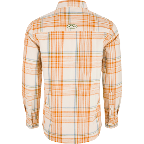 Legacy Flannel Plaid Shirt displaying back view with orange check pattern, embroidered logo on yoke; ideal for layering in crisp Autumn weather.