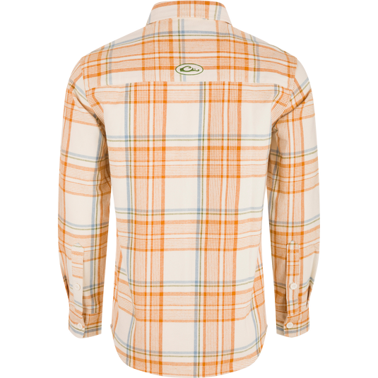 Legacy Flannel Plaid Shirt displaying back view with orange check pattern, embroidered logo on yoke; ideal for layering in crisp Autumn weather.