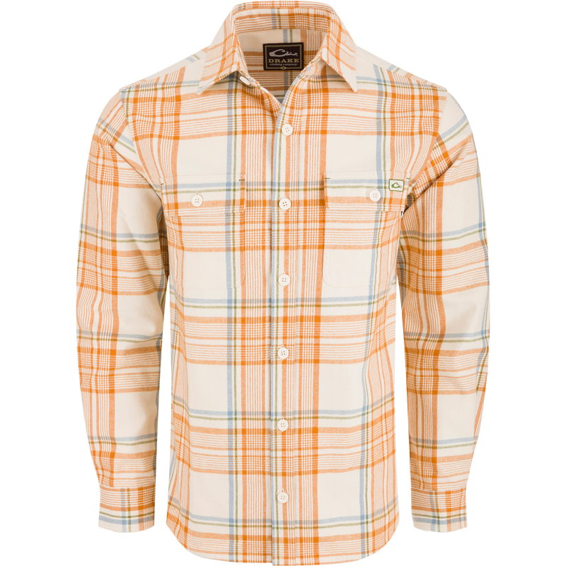 Legacy Flannel Plaid Shirt with button-down closure, classic collar, and two chest pockets; ideal for layering during cool autumn days.