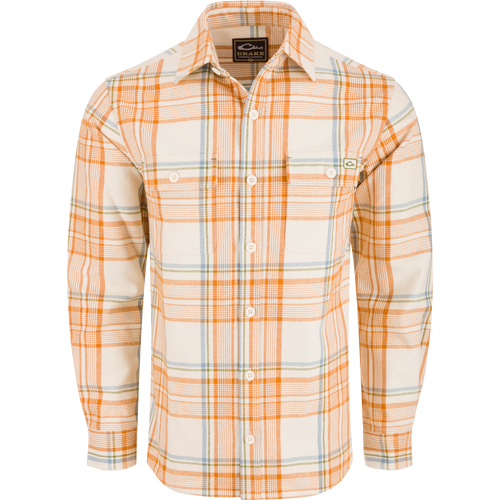 Legacy Flannel Plaid Shirt with button-down closure, classic collar, and two chest pockets; ideal for layering during cool autumn days.