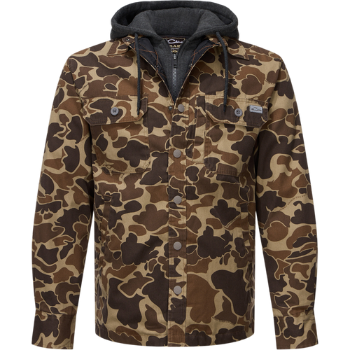 Drake Campfire Canvas Shirt Jac Hoodie, camo-print overshirt with button-front, chest flap pockets, side pockets, and charcoal-grey hood with drawcords for warmth and style.