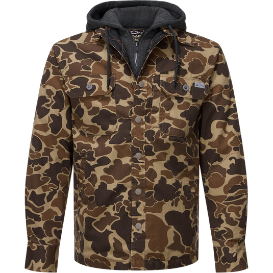 Drake Campfire Canvas Shirt Jac Hoodie, camo-print overshirt with button-front, chest flap pockets, side pockets, and charcoal-grey hood with drawcords for warmth and style.