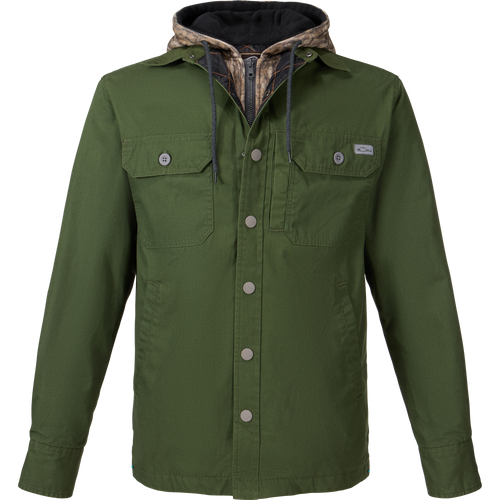 Campfire Canvas Shirt Jac Hoodie with button-up front, dual chest pockets, and quilted hood, designed for warmth and versatility in outdoor settings.