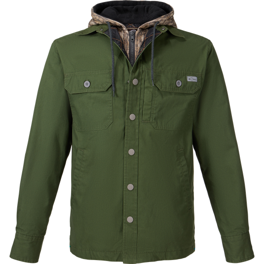 Campfire Canvas Shirt Jac Hoodie with button-up front, dual chest pockets, and quilted hood, designed for warmth and versatility in outdoor settings.