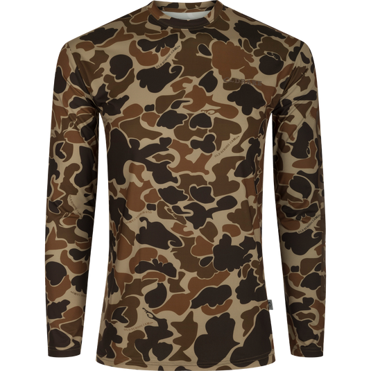 Drake Long Sleeve Performance Crew, showcasing lightweight, breathable fabric with built-in cooling and UPF 50 protection, ideal for outdoor activities like hunting and fishing.