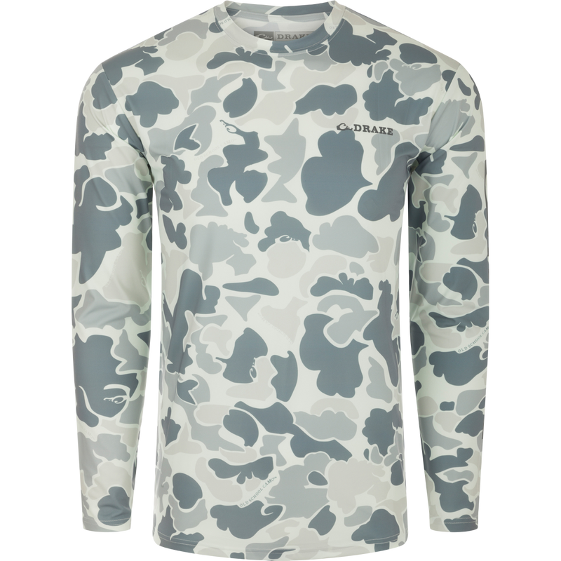 Drake Long Sleeve Performance Crew with built-in cooling, UPF 50, and quick-dry features, ideal for year-round wear in various outdoor activities.