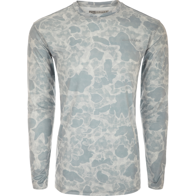 Long Sleeve Performance Crew Print showcasing lightweight, breathable fabric with UPF 50, moisture-wicking, and quick-drying features, ideal for versatile outdoor activities.