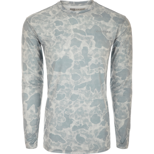 Long Sleeve Performance Crew Print showcasing lightweight, breathable fabric with UPF 50, moisture-wicking, and quick-drying features, ideal for versatile outdoor activities.