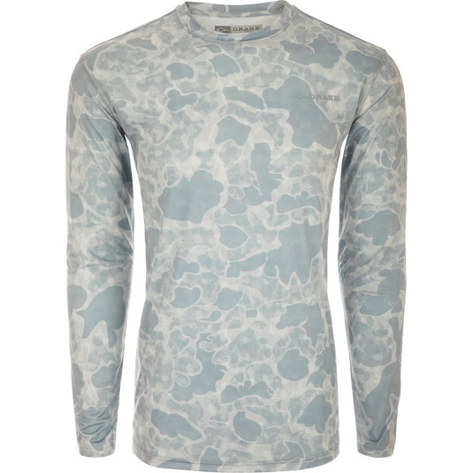 Long Sleeve Performance Crew Print showcasing lightweight, breathable fabric with UPF 50, moisture-wicking, and quick-drying features, ideal for versatile outdoor activities.