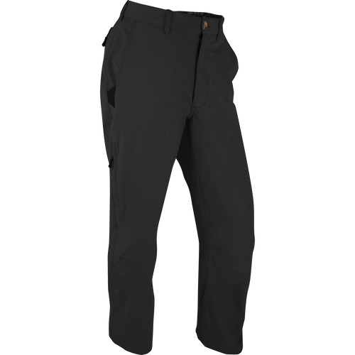 Alt text: Stretch Tech Pants by Purewhitelaneshop: Durable black trousers with YKK zippers, cargo pockets, and moisture-wicking 4-way stretch for hunting and outdoor activities.