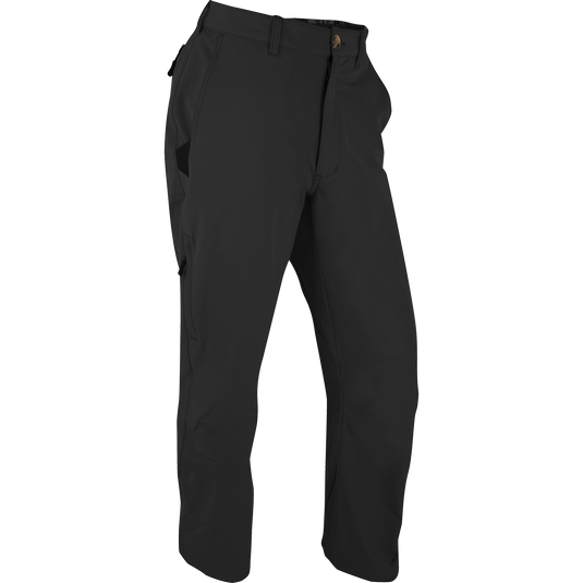 Alt text: Stretch Tech Pants by Purewhitelaneshop: Durable black trousers with YKK zippers, cargo pockets, and moisture-wicking 4-way stretch for hunting and outdoor activities.
