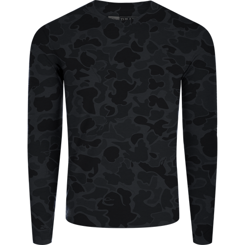 Hunter Creek Bamboo Long Sleeve Crew with black camo pattern, featuring built-in stretch, UPF 20 protection, and quick-drying, breathable fabric.