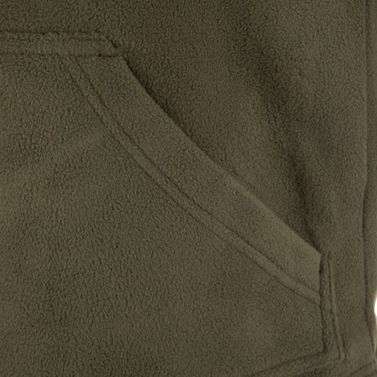 Close-up of the Drake Eqwader Vest showcasing fleece fabric, vertical zippered chest pockets, and durable waterproof material designed for hunting and outdoor activities.