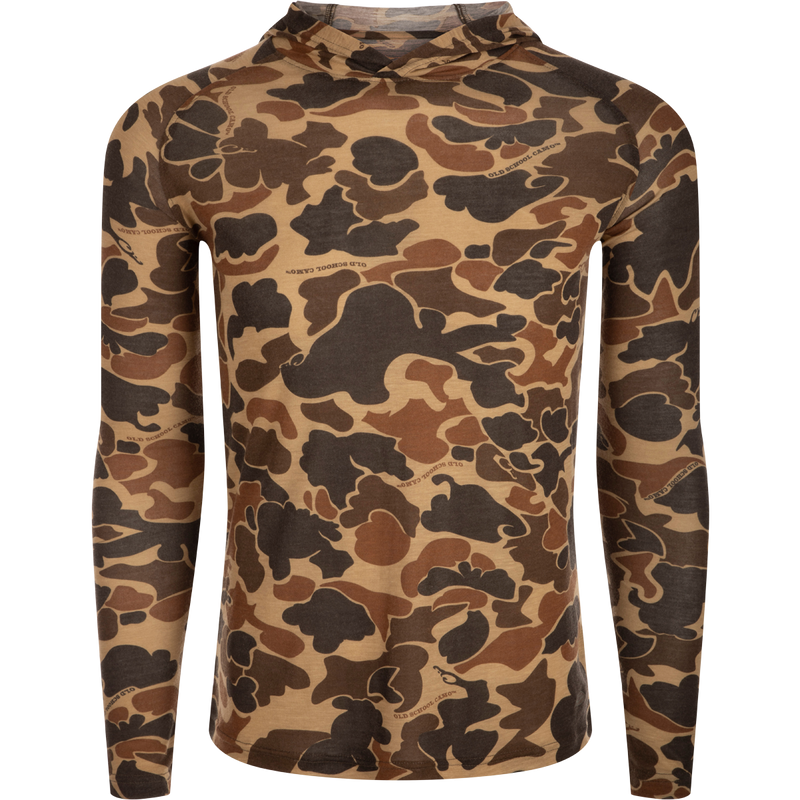 Hunter Creek Bamboo Long Sleeve Hoodie with raglan sleeves, featuring a brown/tan/olive camouflage pattern and Old School Camo text, ideal for year-round comfort.
