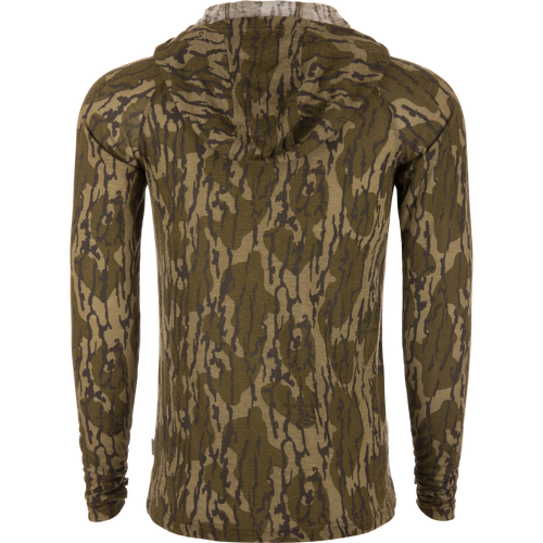 Hunter Creek Bamboo Long Sleeve Hoodie in camouflage pattern, displayed from the back on a mannequin, showcasing its lightweight, breathable design ideal for versatile outdoor activities.