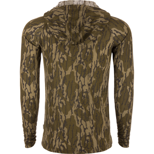 Hunter Creek Bamboo Long Sleeve Hoodie in camouflage pattern, displayed from the back on a mannequin, showcasing its lightweight, breathable design ideal for versatile outdoor activities.