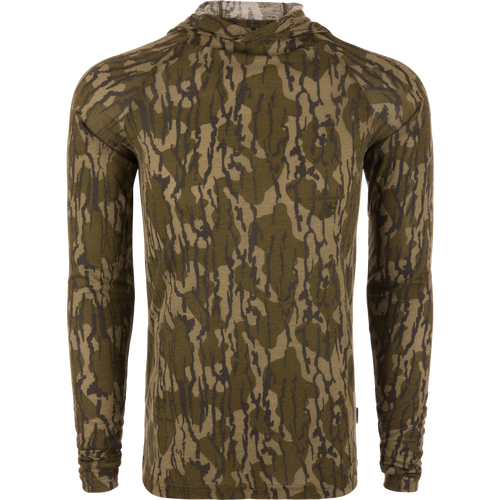 Hunter Creek Bamboo Long Sleeve Hoodie on mannequin, showcasing form-fitting design with woodland camo print, emphasizing lightweight, breathable fabric, and built-in hood for sun protection.