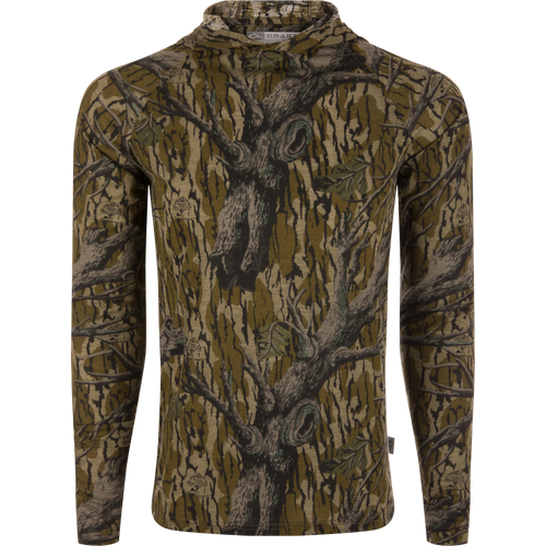 Hunter Creek Bamboo Long Sleeve Hoodie with tree-bark camo pattern, featuring a soft bamboo-poly blend, UPF 20 protection, and lightweight stretch fabric, laid flat.