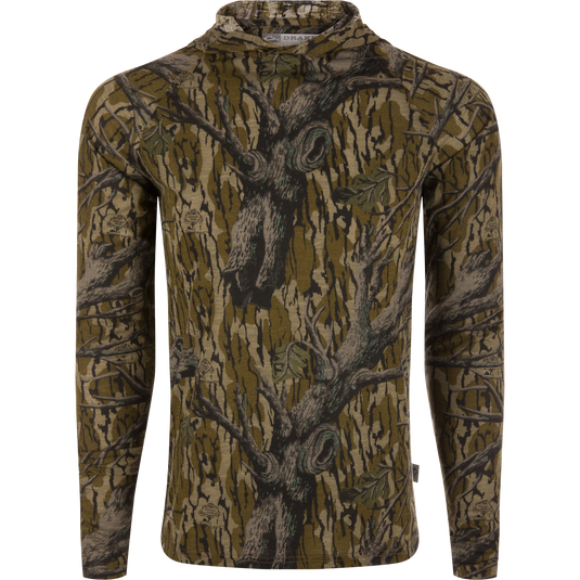 Hunter Creek Bamboo Long Sleeve Hoodie with tree-bark camo pattern, featuring a soft bamboo-poly blend, UPF 20 protection, and lightweight stretch fabric, laid flat.